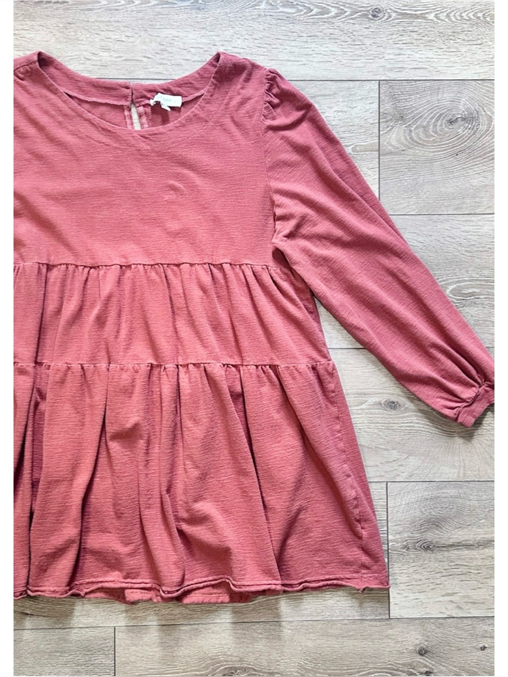 Umgee Boho Tiered Babydoll Tunic Long Sleeve Peplum Mini Dress Dusty Terracotta